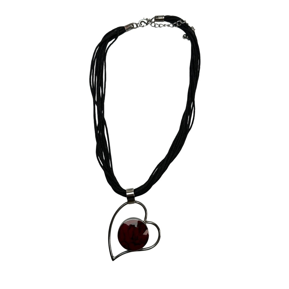 Mexico 925 Sterling Silver Red Jasper Heart Pendant Multi-Strand Cord Necklace